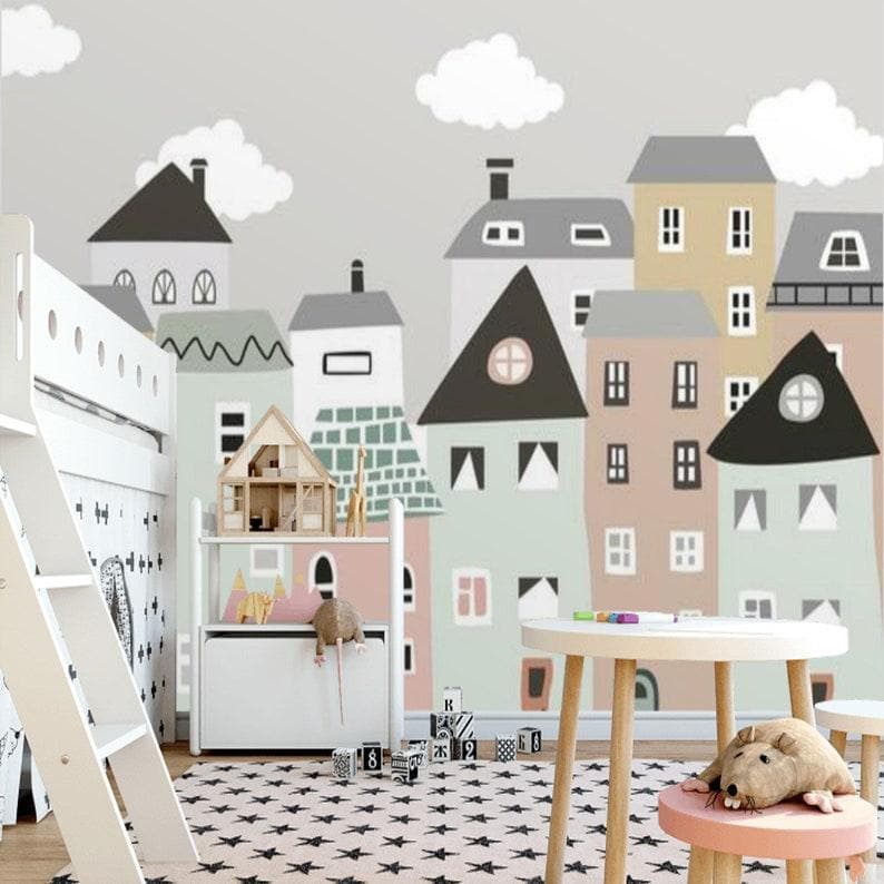 Gray City Skylines Nursery Wallpaper