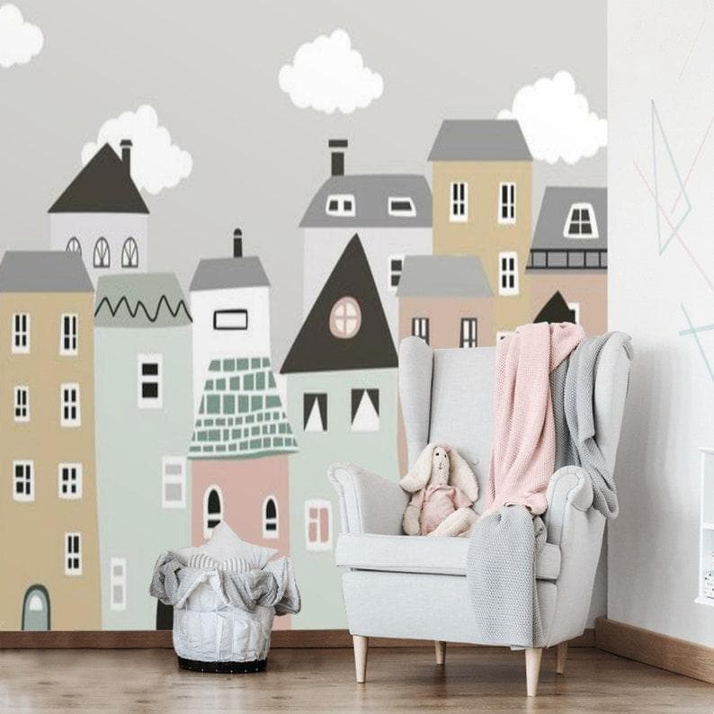 Gray City Skylines Nursery Wallpaper