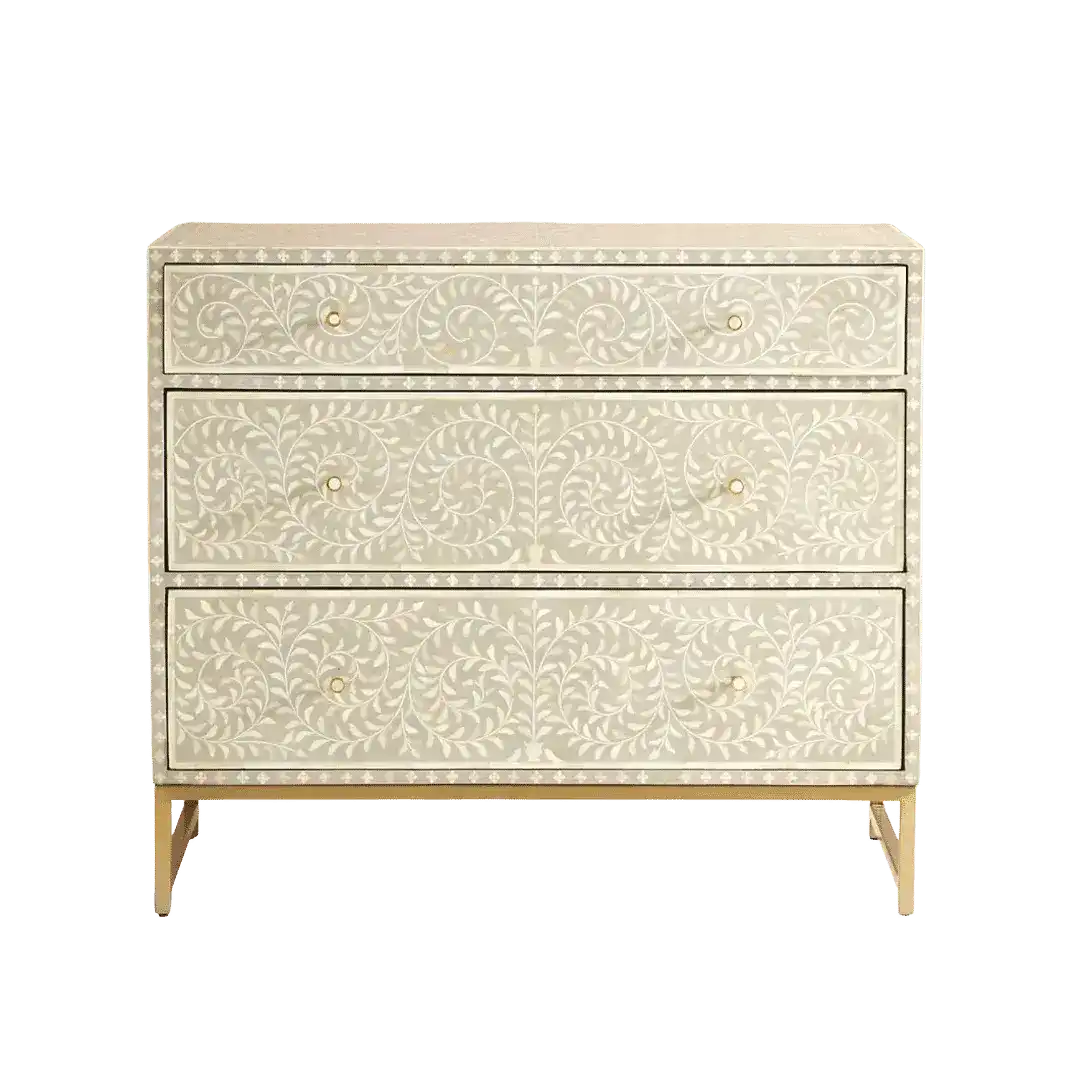 Gray Floral Motif Bone Inlay 3 Drawers Chest | MAIA HOMES
