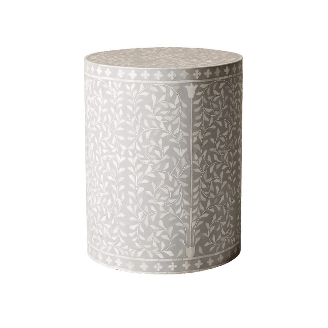 Gray Floral Motif Bone Inlay Round Drum Side Table