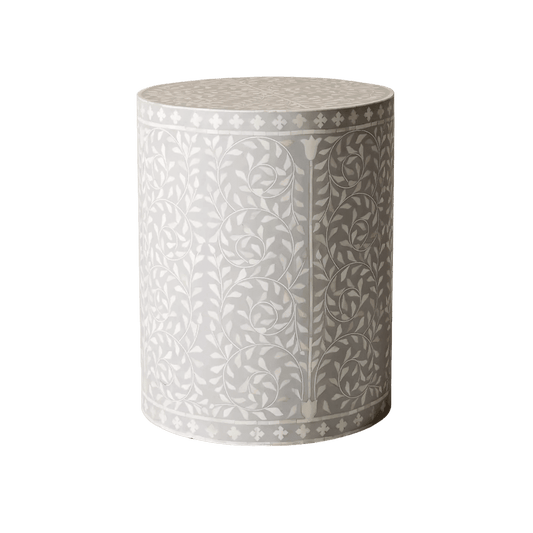 Gray Floral Motif Bone Inlay Round Drum Side Table - MAIA HOMES