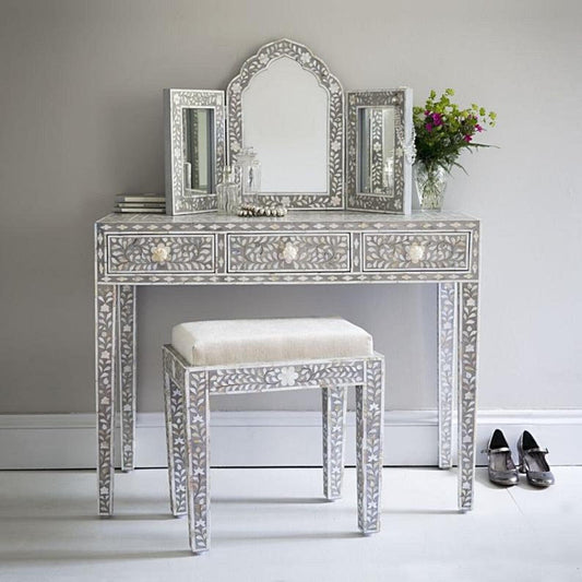 Gray Mother of Pearl Bone Inlay Vanity Console with Matching Stool - MAIA HOMES