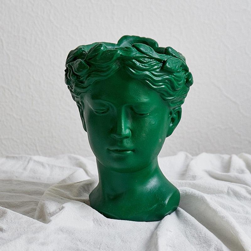 Grecian Bust Cement Pot Green