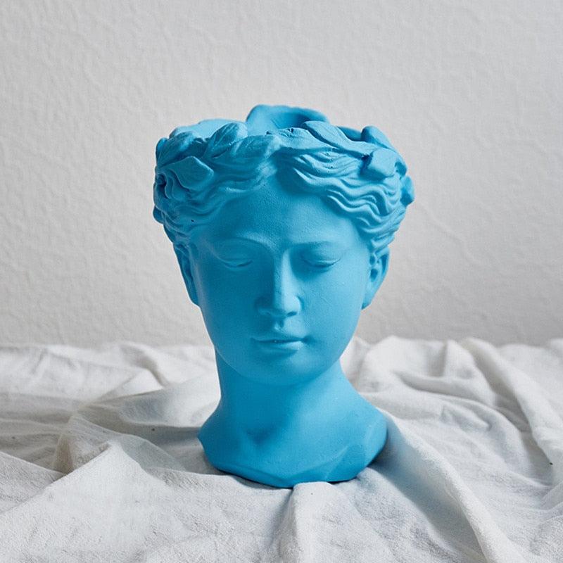 Grecian Bust Cement Pot Blue