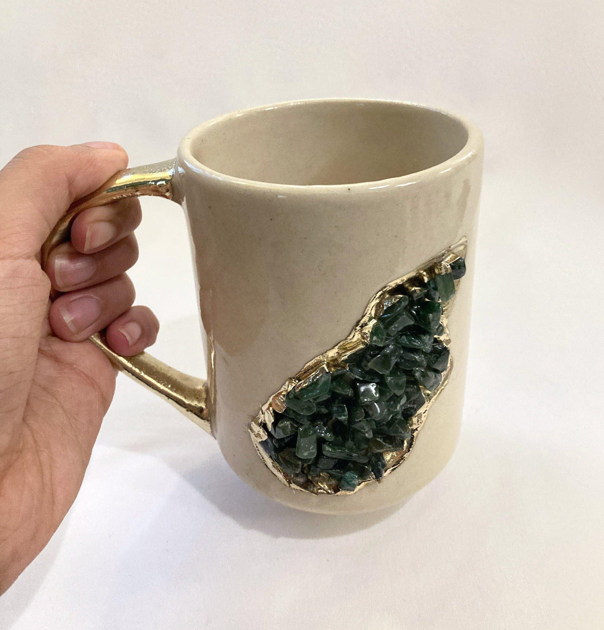 Green Agate Crystal Coffee Mug with Gold Handle - Set of 2