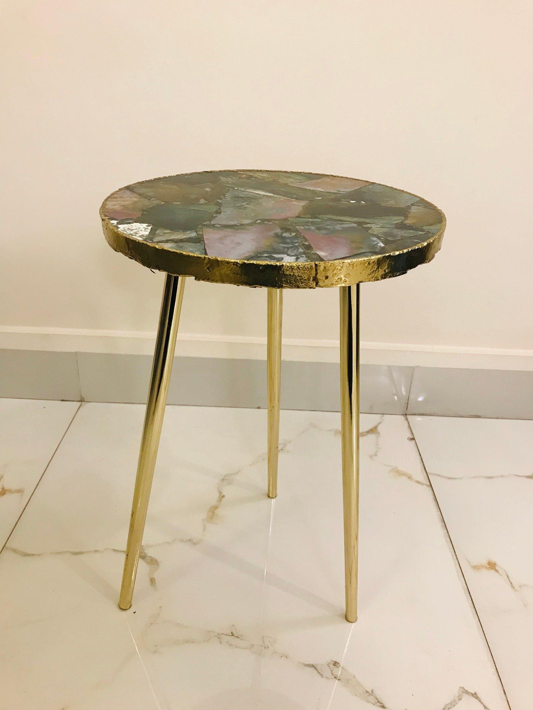 Green Agate Round Edge Accent Table 16 inch Diameter Silver