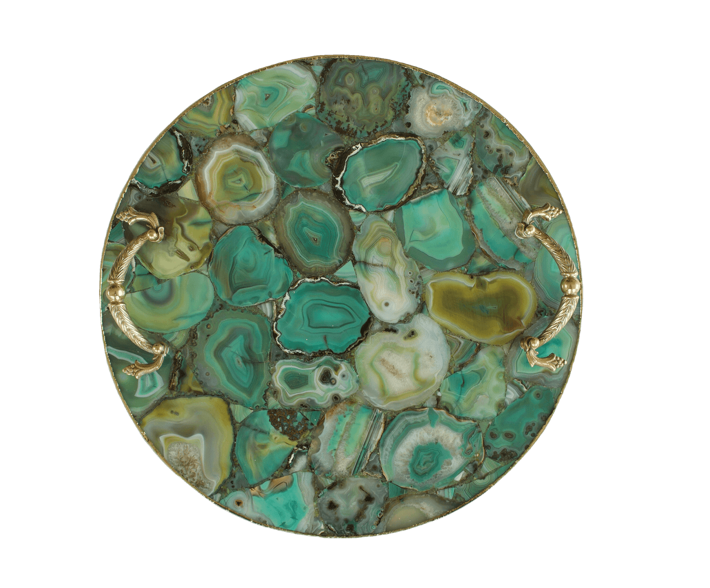 Green Agate Round Serving Tray With Brass Handles 16 inches Rose Gold