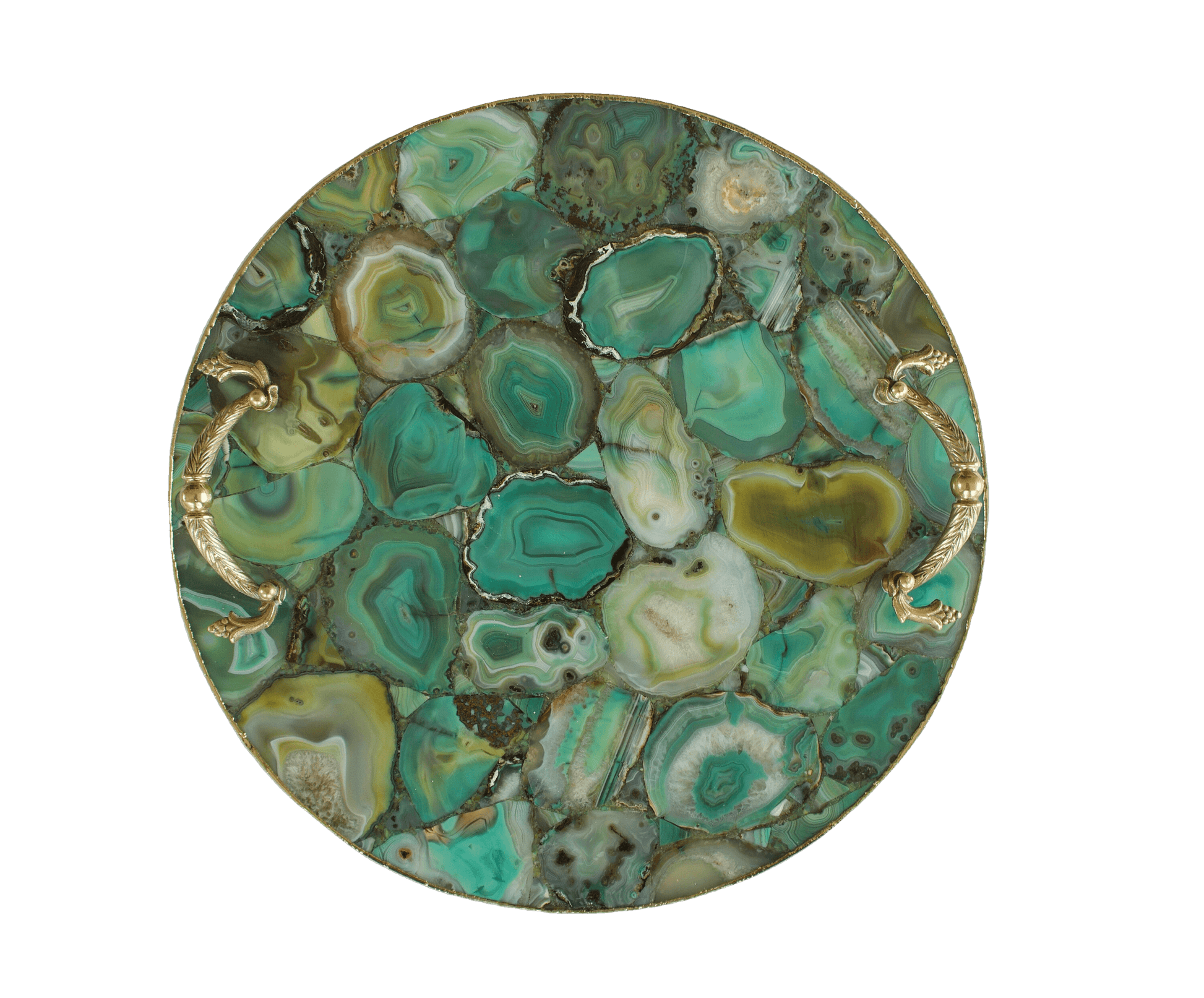 Green Agate Round Serving Tray With Brass Handles - MAIA HOMES
