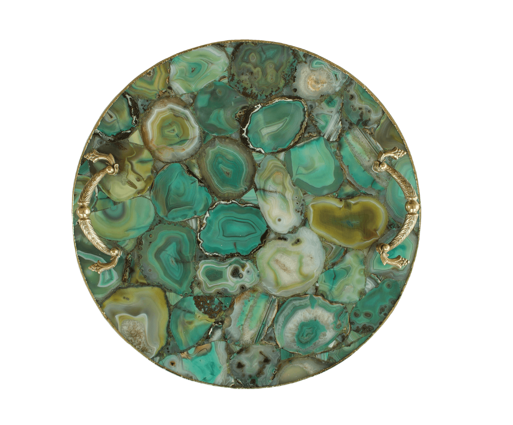 Green Agate Round Serving Tray With Brass Handles 16 inches Rose Gold