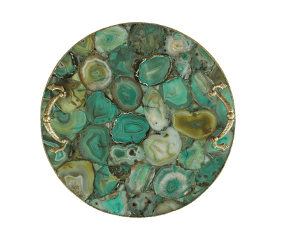 Green Agate Round Serving Tray With Brass Handles - MAIA HOMES