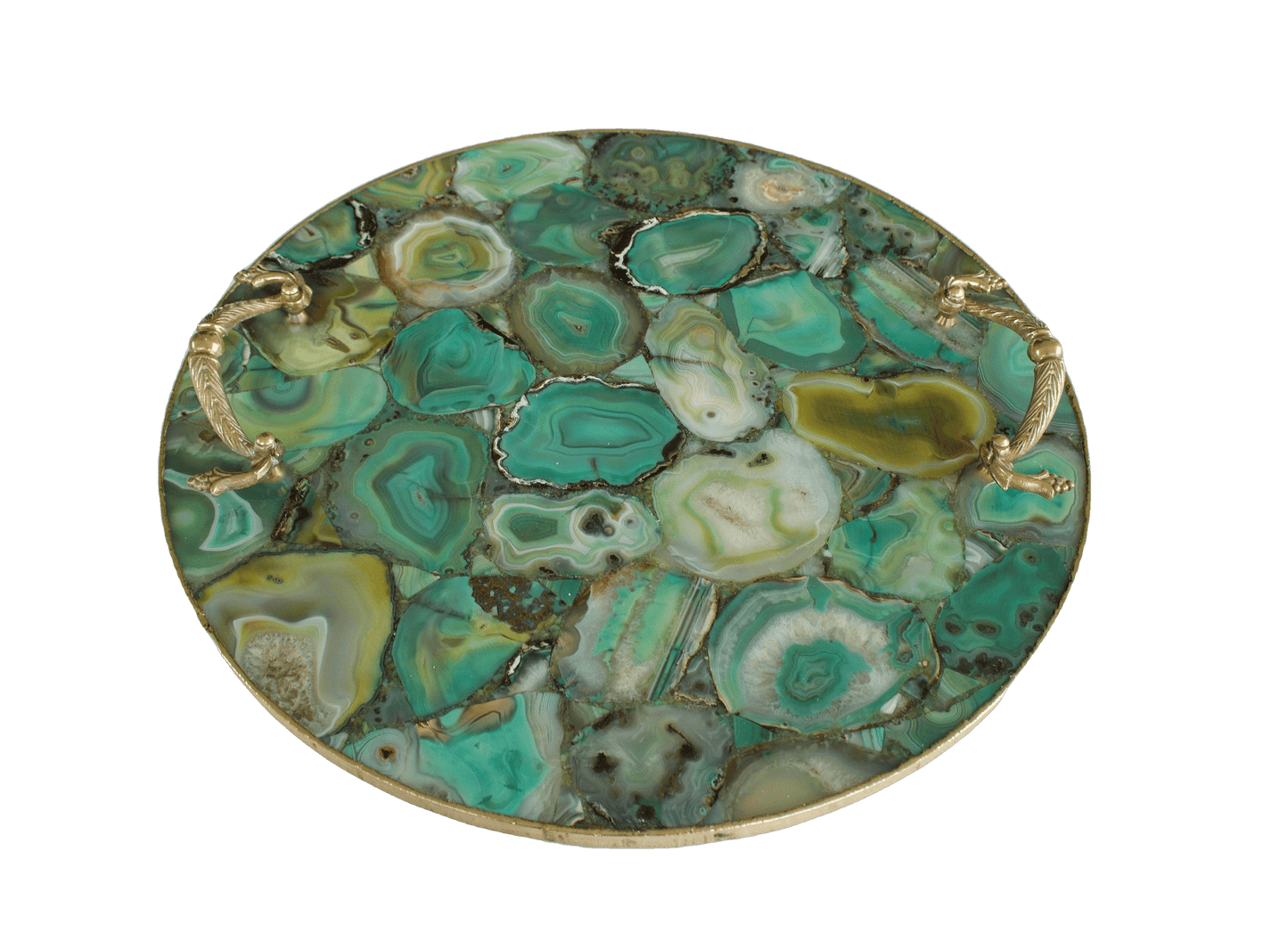 Green Agate Round Serving Tray With Brass Handles - MAIA HOMES