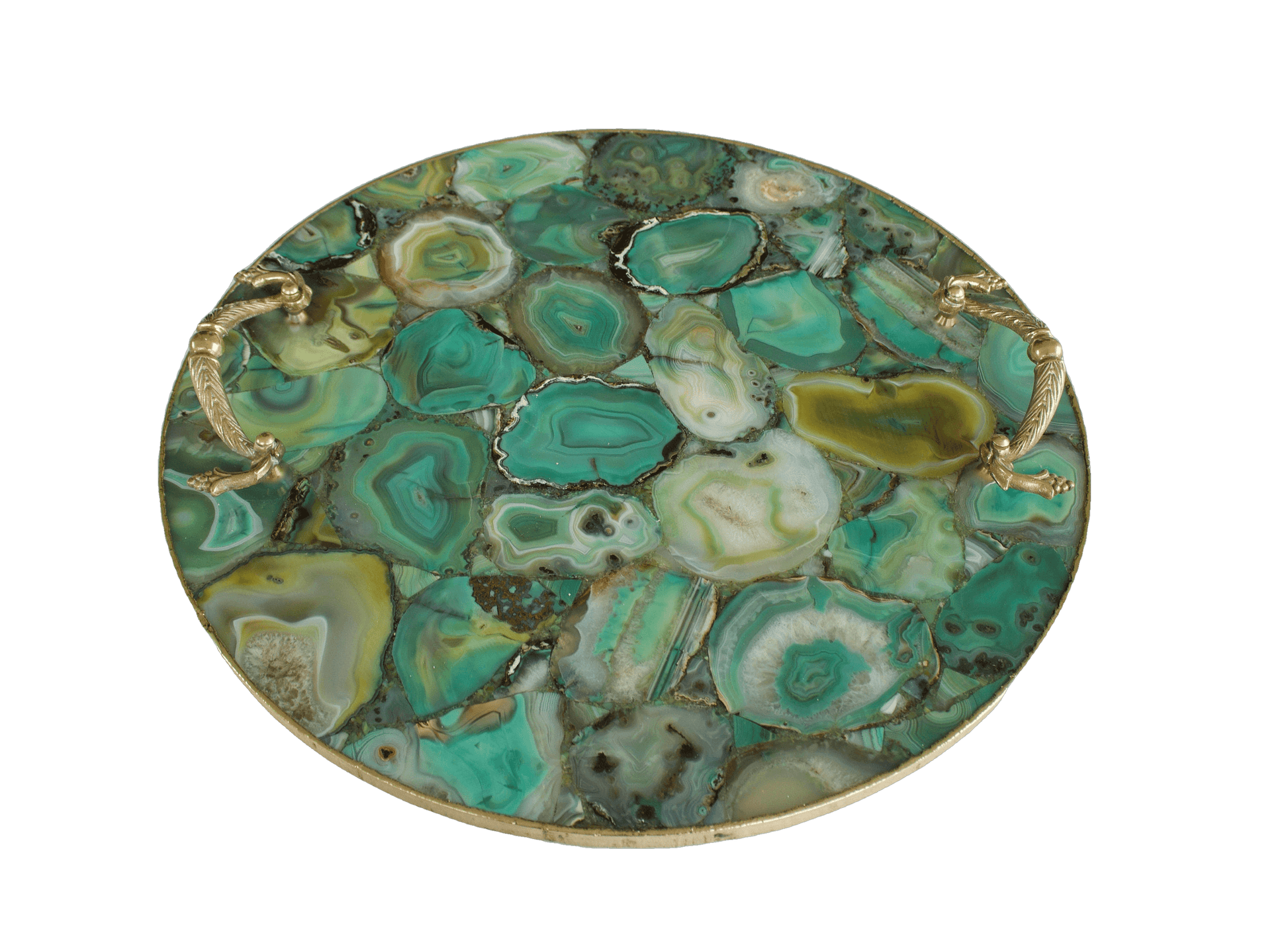 Green Agate Round Serving Tray With Brass Handles