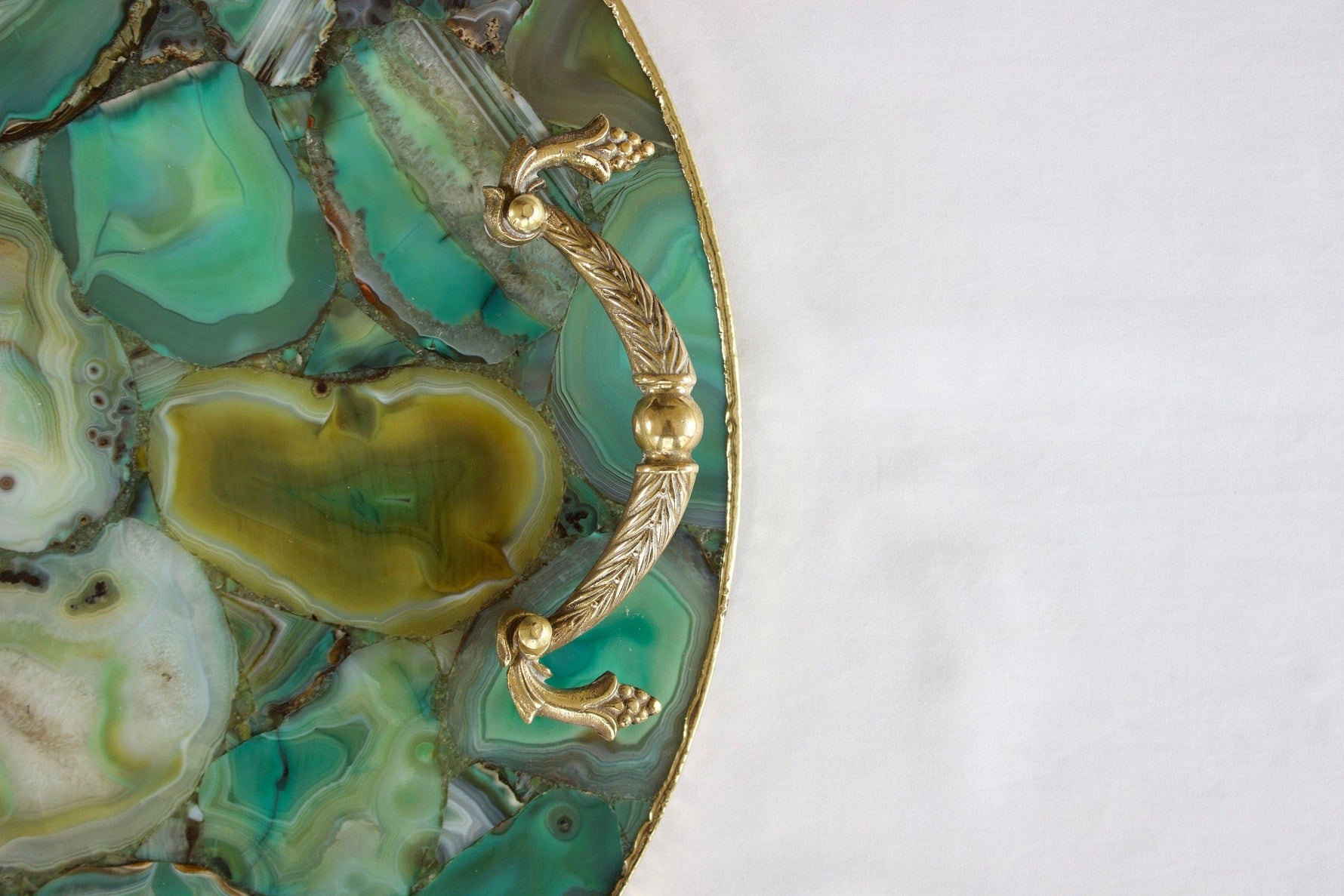 Green Agate Round Serving Tray With Brass Handles