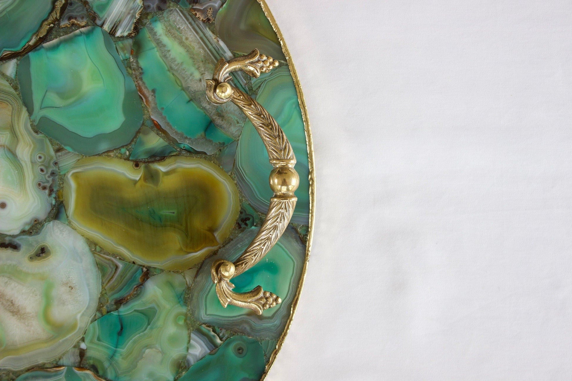 Green Agate Round Serving Tray With Brass Handles - MAIA HOMES