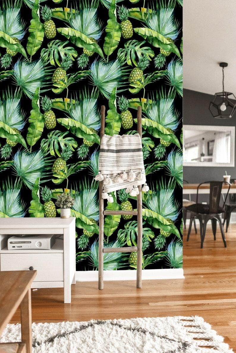 Green and Black Tropical Banana Leaves Wallpaper