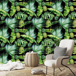 Green and Black Tropical Banana Leaves Wallpaper