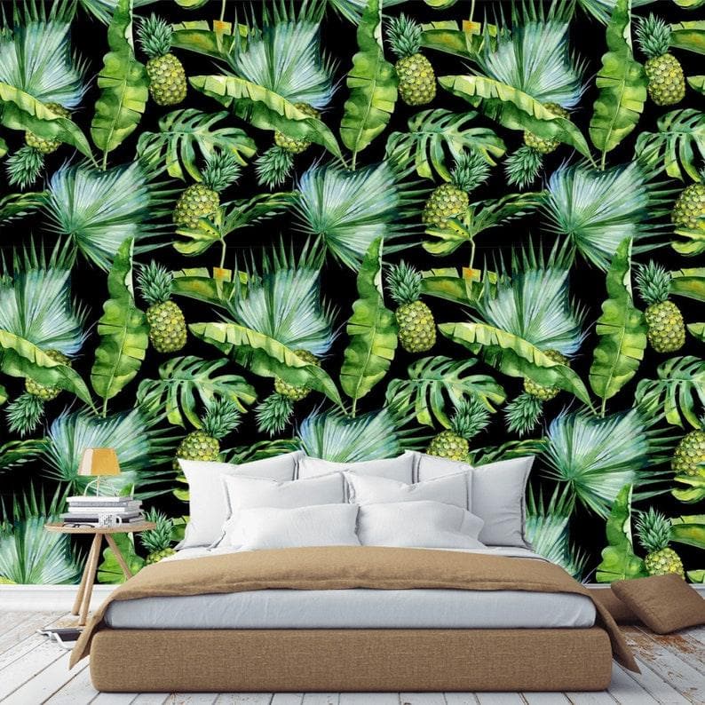 Green and Black Tropical Banana Leaves Wallpaper