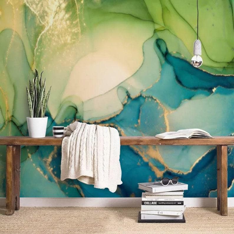 Green and Blue Abstract Watercolor Marble Wallpaper - MAIA HOMES