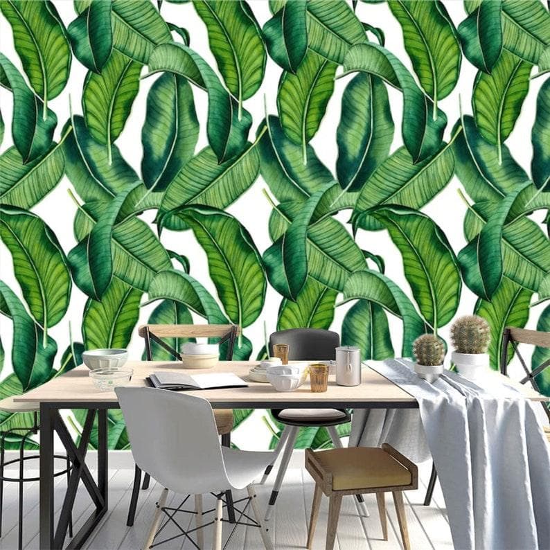 Green and White Banana Leaves Tropical Wallpaper