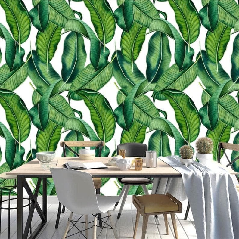 Green and White Banana Leaves Tropical Wallpaper - MAIA HOMES