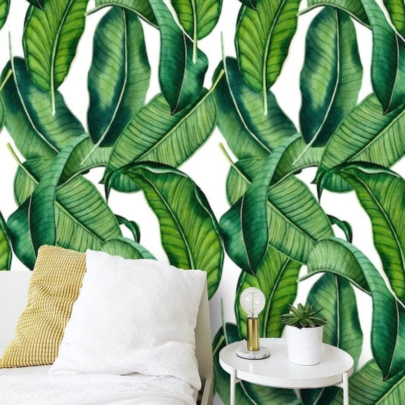 Green and White Banana Leaves Tropical Wallpaper