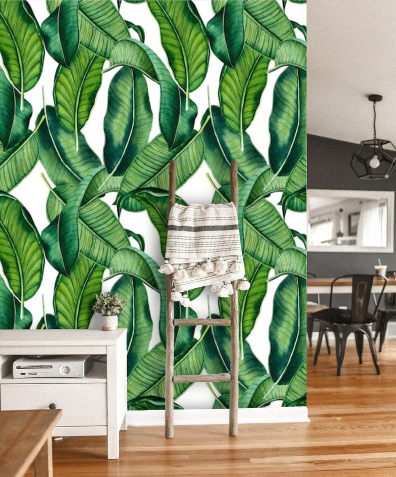 Green and White Banana Leaves Tropical Wallpaper