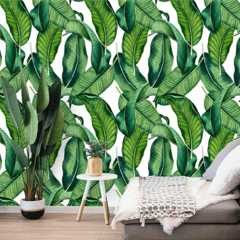 Green and White Banana Leaves Tropical Wallpaper