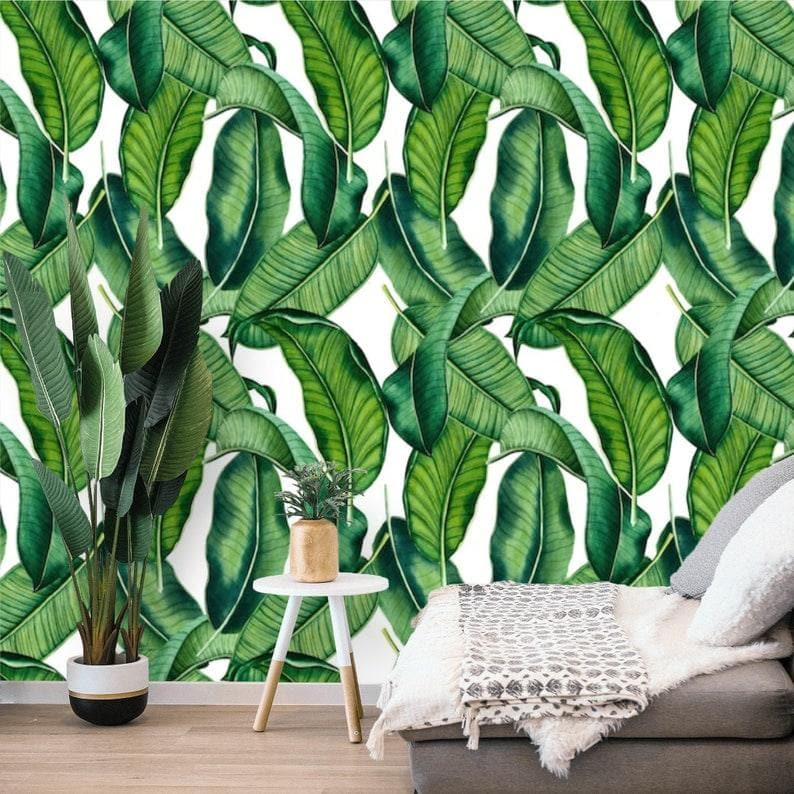 Green and White Banana Leaves Tropical Wallpaper - MAIA HOMES