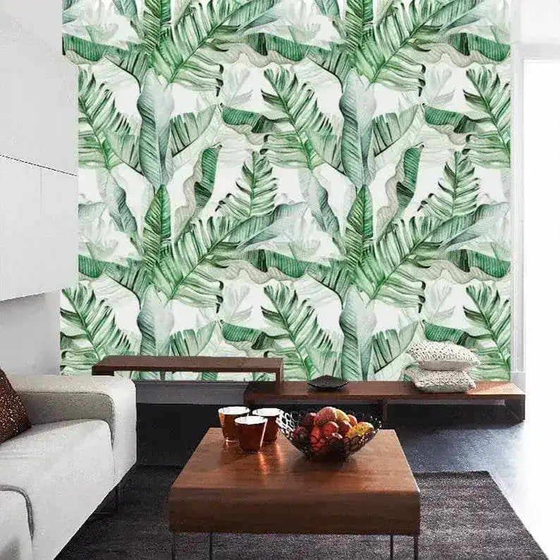 Green and White Banana Leaves Watercolor Wallpaper