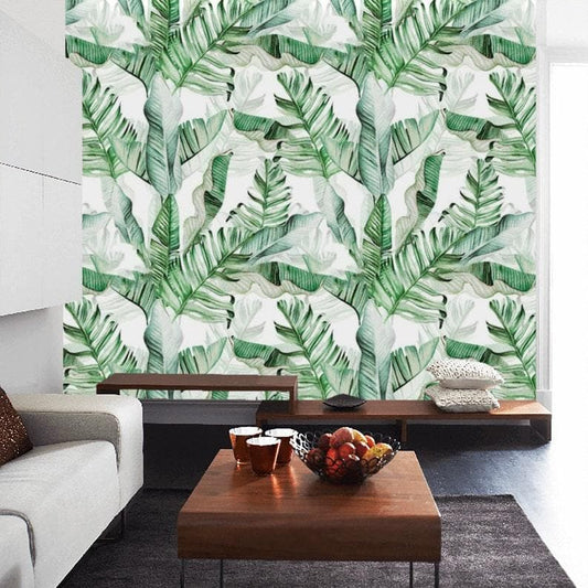 Green and White Banana Leaves Watercolor Wallpaper - MAIA HOMES