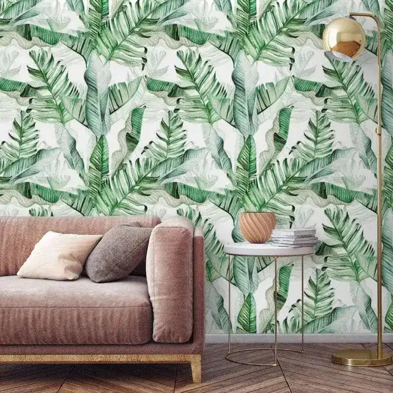 Green and White Banana Leaves Watercolor Wallpaper