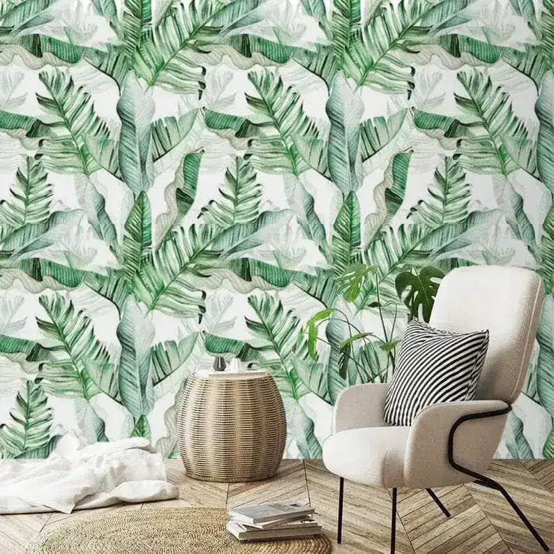 Green and White Banana Leaves Watercolor Wallpaper