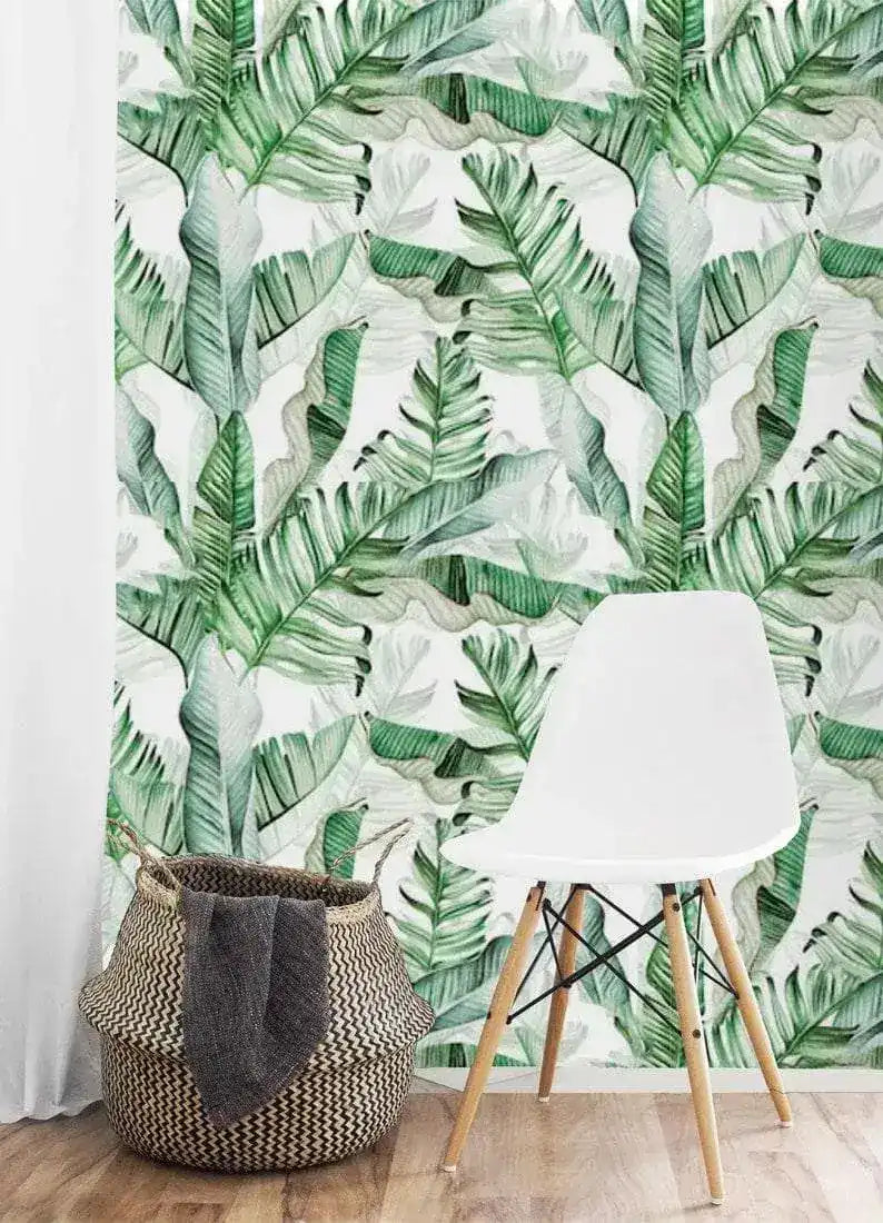 Green and White Banana Leaves Watercolor Wallpaper