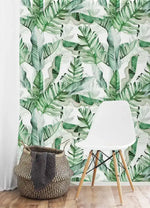 Green and White Banana Leaves Watercolor Wallpaper
