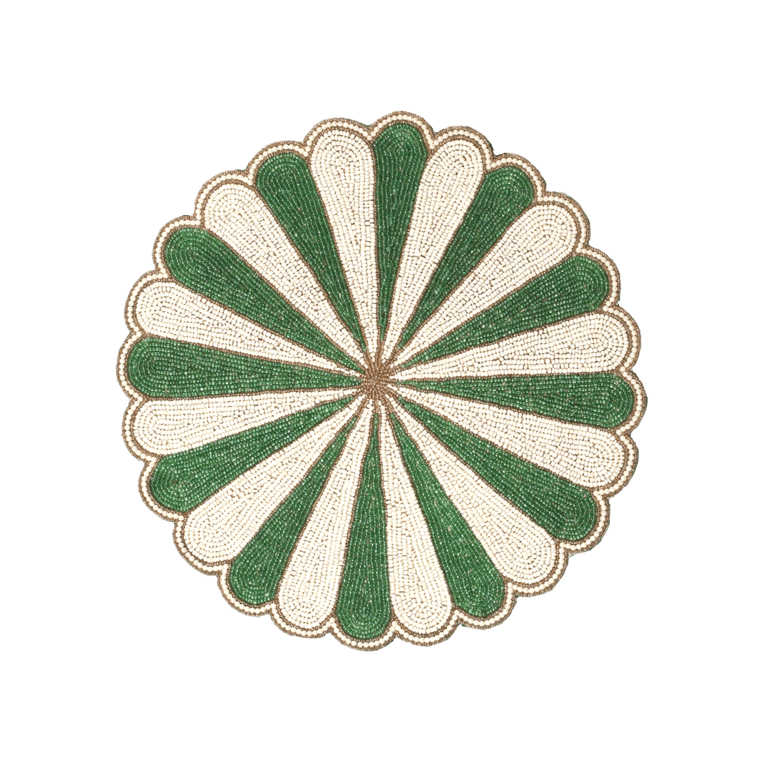 Green and White Beaded Scallop Round Placemats