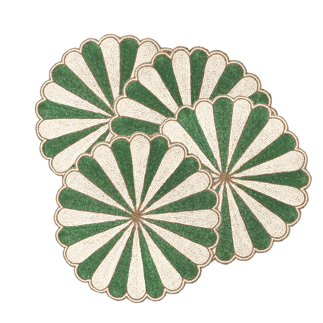 Green and White Beaded Scallop Round Placemats