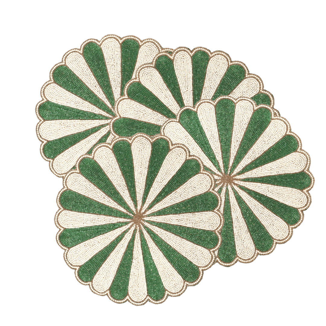 Green and White Beaded Scallop Round Placemats - MAIA HOMES