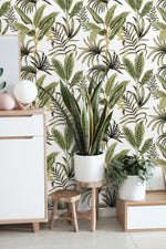 Green and White Exotic Palm Leaves Tropical Wallpaper