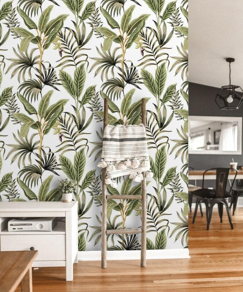 Green and White Exotic Palm Leaves Tropical Wallpaper