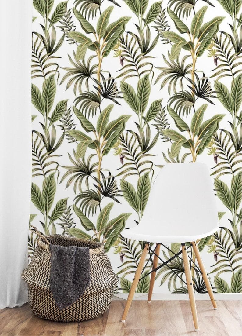 Green and White Exotic Palm Leaves Tropical Wallpaper