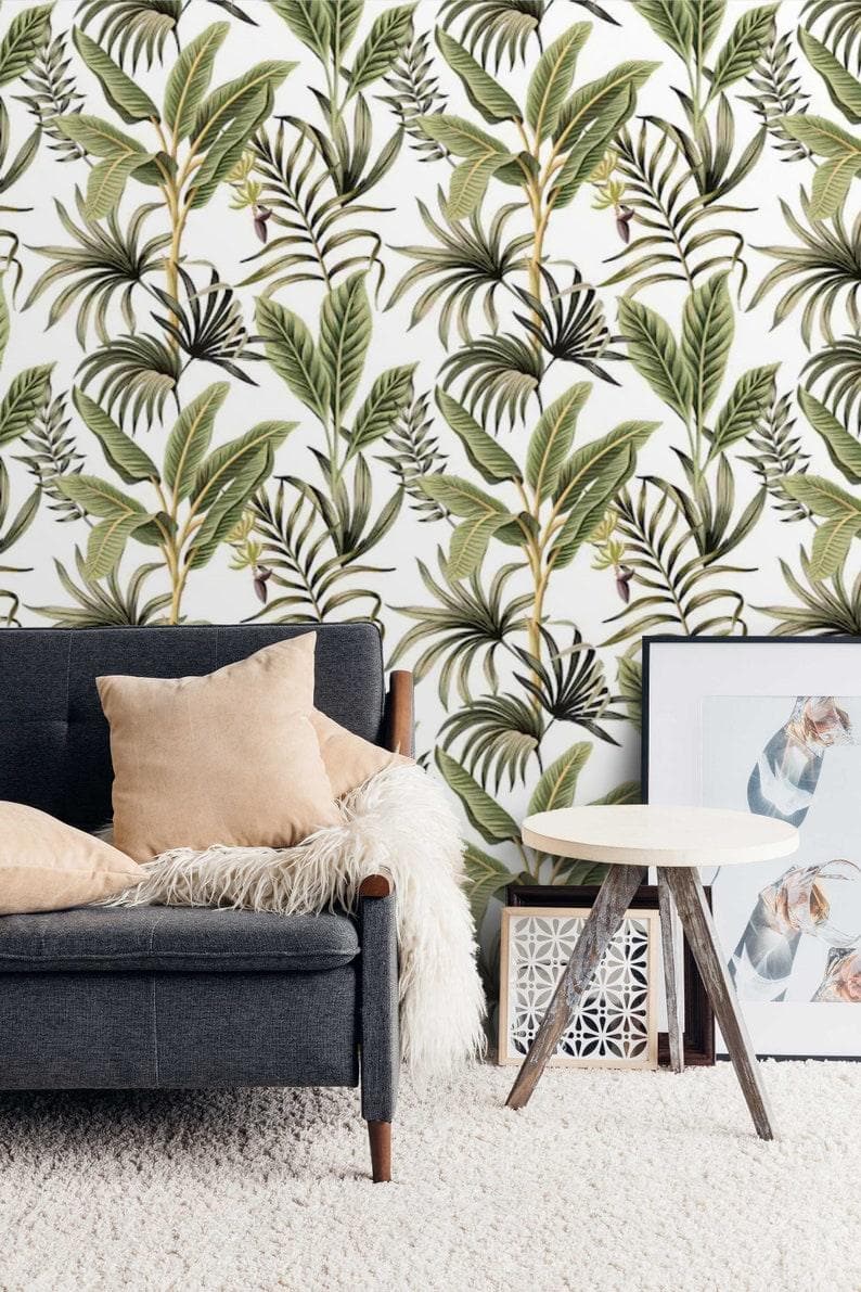 Green and White Exotic Palm Leaves Tropical Wallpaper - MAIA HOMES