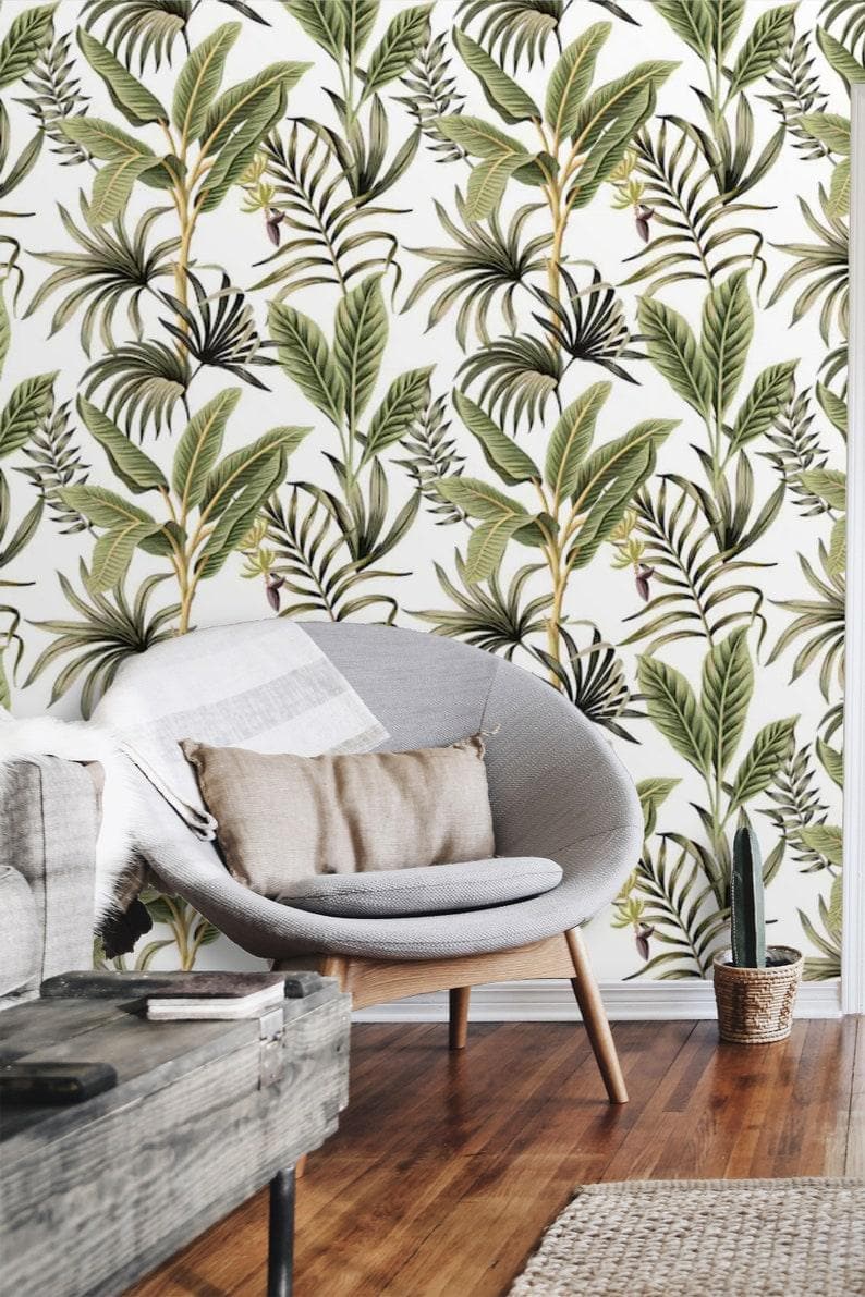 Green and White Exotic Palm Leaves Tropical Wallpaper