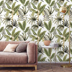 Green and White Exotic Palm Leaves Tropical Wallpaper