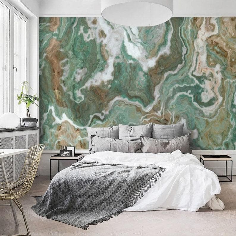 Green and White Marble Stone Abstract Art Wall Mural - MAIA HOMES