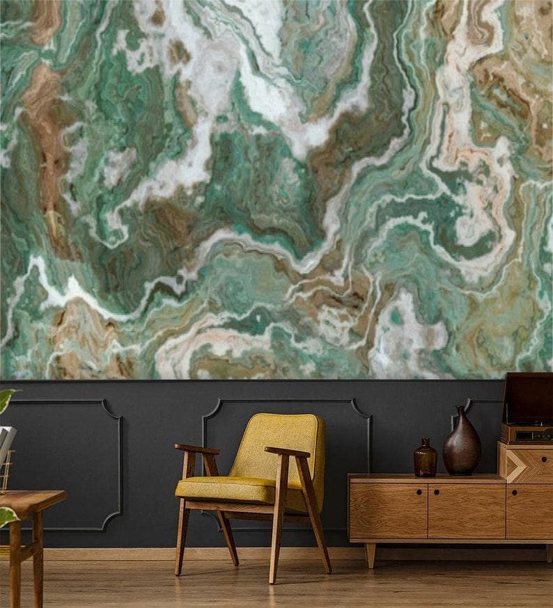 Green and White Marble Stone Abstract Art Wall Mural