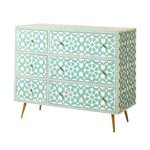 Green and White Moroccan Geometric Bone Inlay 6 Drawers Chest