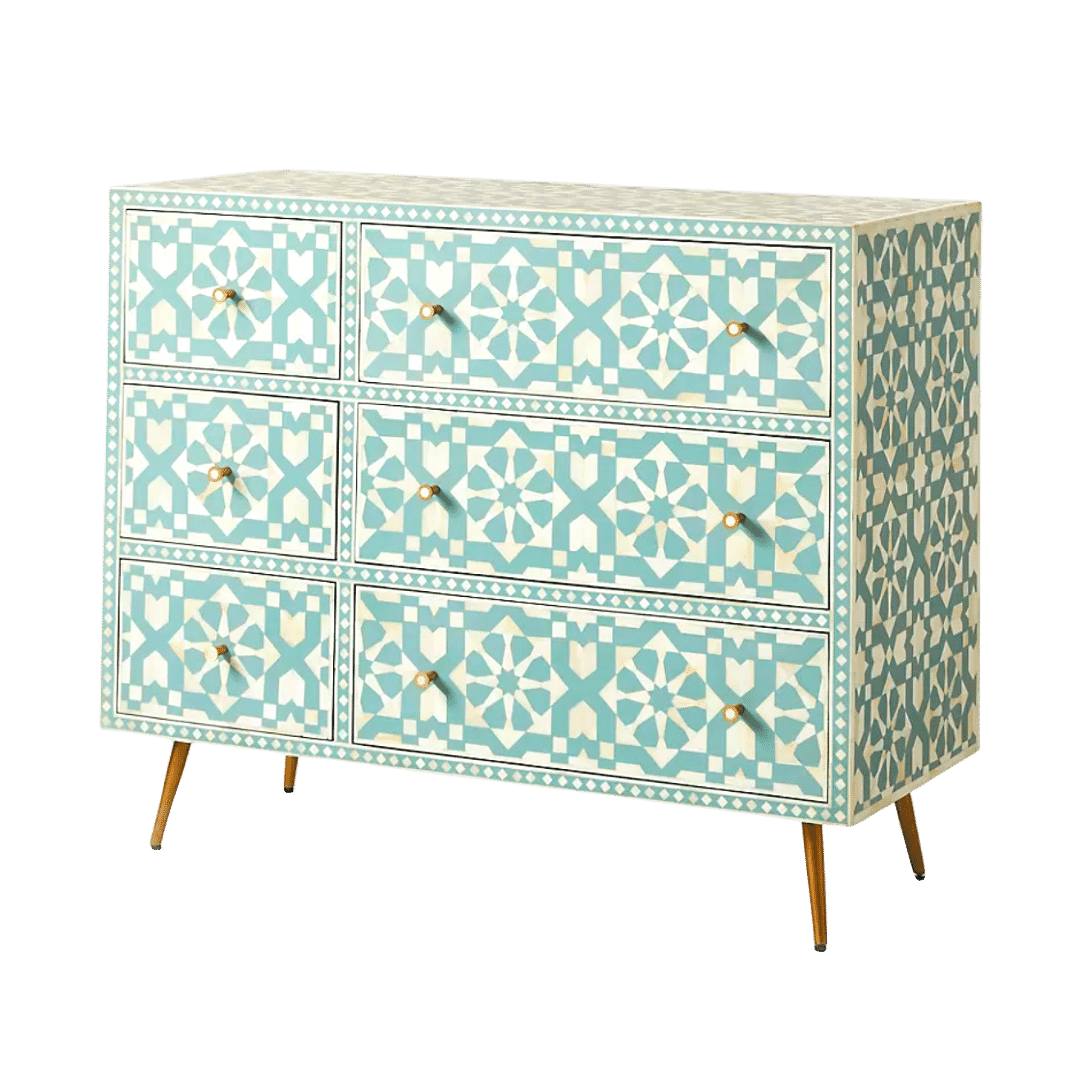 Green and White Moroccan Geometric Bone Inlay 6 Drawers Chest