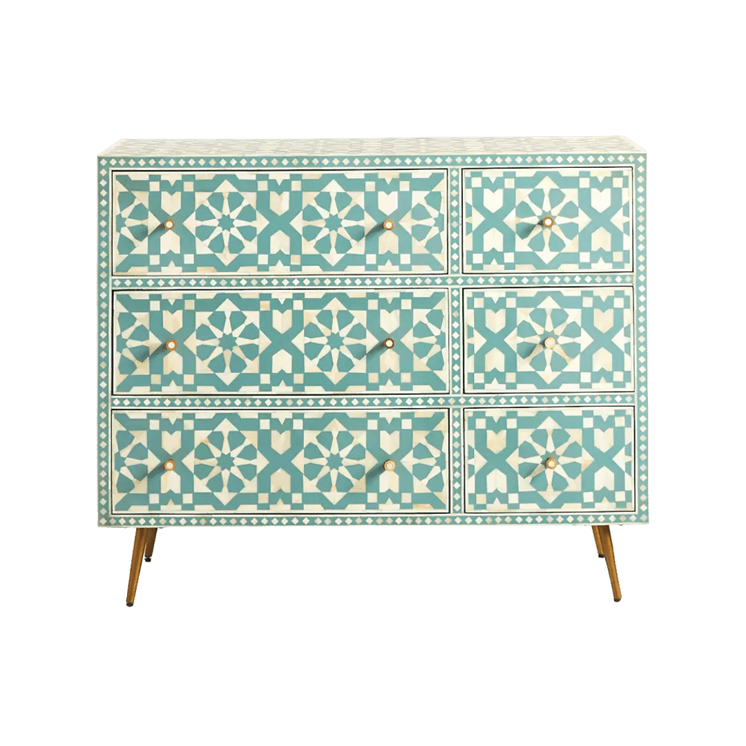 Green and White Moroccan Geometric Bone Inlay 6 Drawers Chest