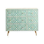 Green and White Moroccan Geometric Bone Inlay 6 Drawers Chest