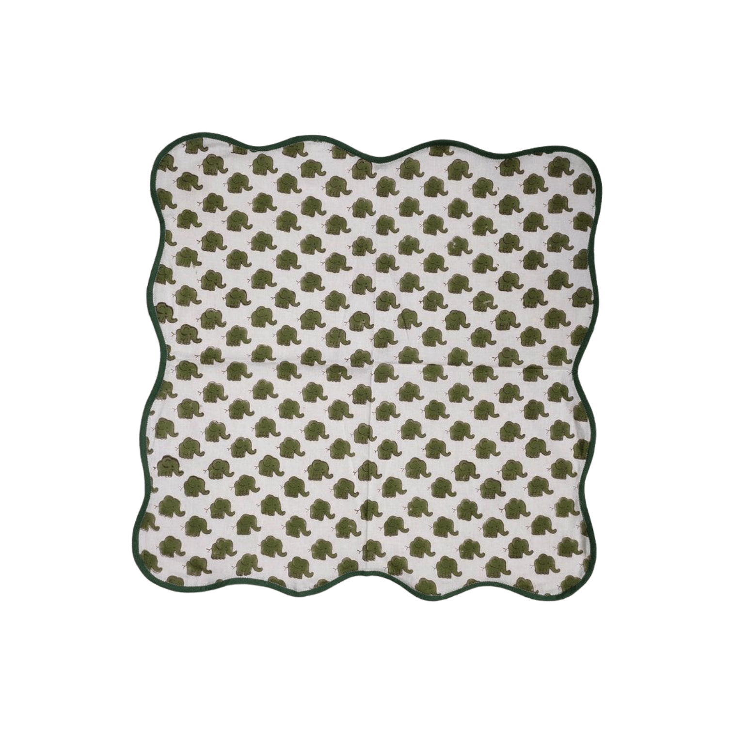 Green Dinosaur Block Print Scallop Cotton Napkins